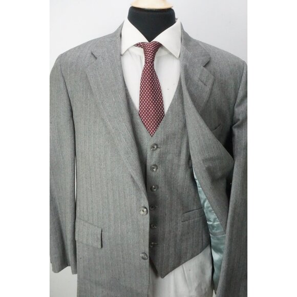 Linett LTD Gray Gold Striped HErringbone 3 Pc Suit Jacket Pants Vest Sz 42R